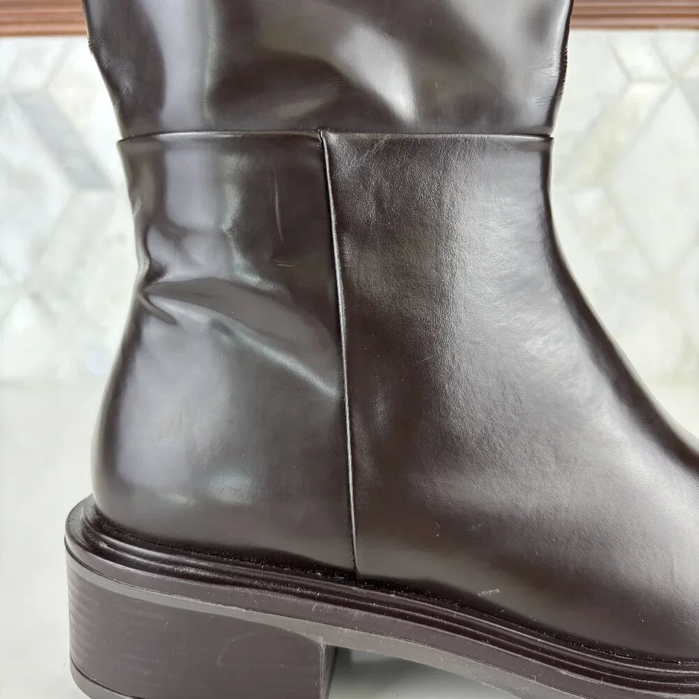39/9 Dark Brown Walnut Round Toe Block Heel Wide Sole Knee High Pull On Zip Boot - Picture 8 of 16